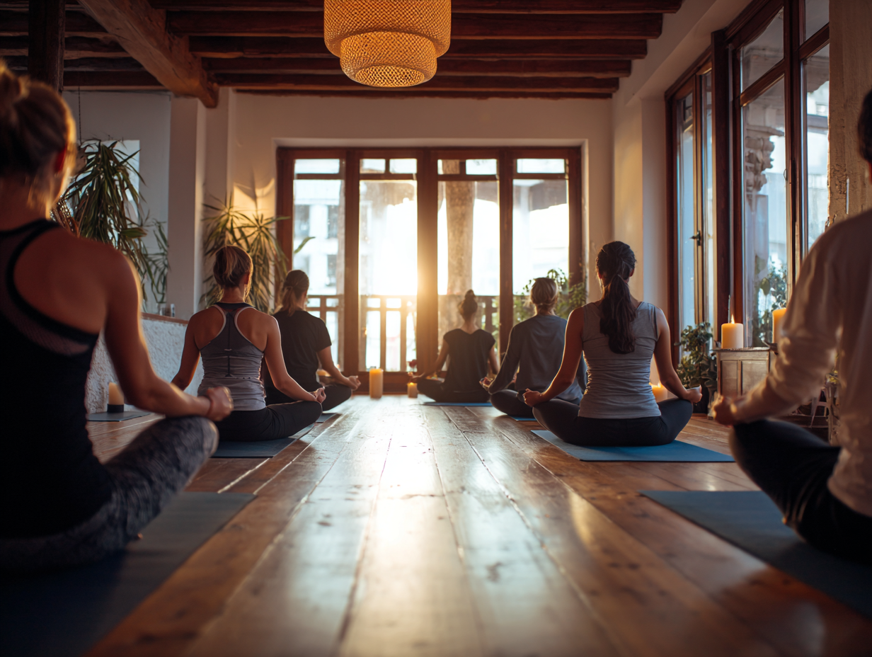 Група людей практикує йогу в затишній студії з природним освітленням